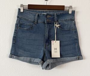 HERS Women’s High Rise Denim Shorts M Double Button Cuffed Stretch Blue NWT